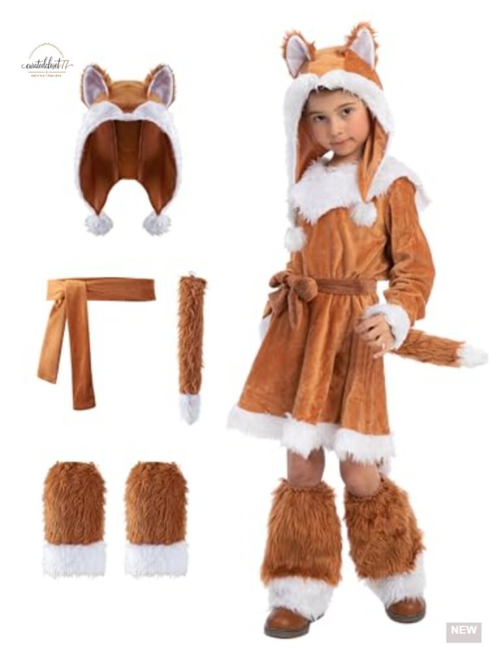 Girls Fox Costume Dress Plush Tail Boot Covers 3D Hood Halloween
